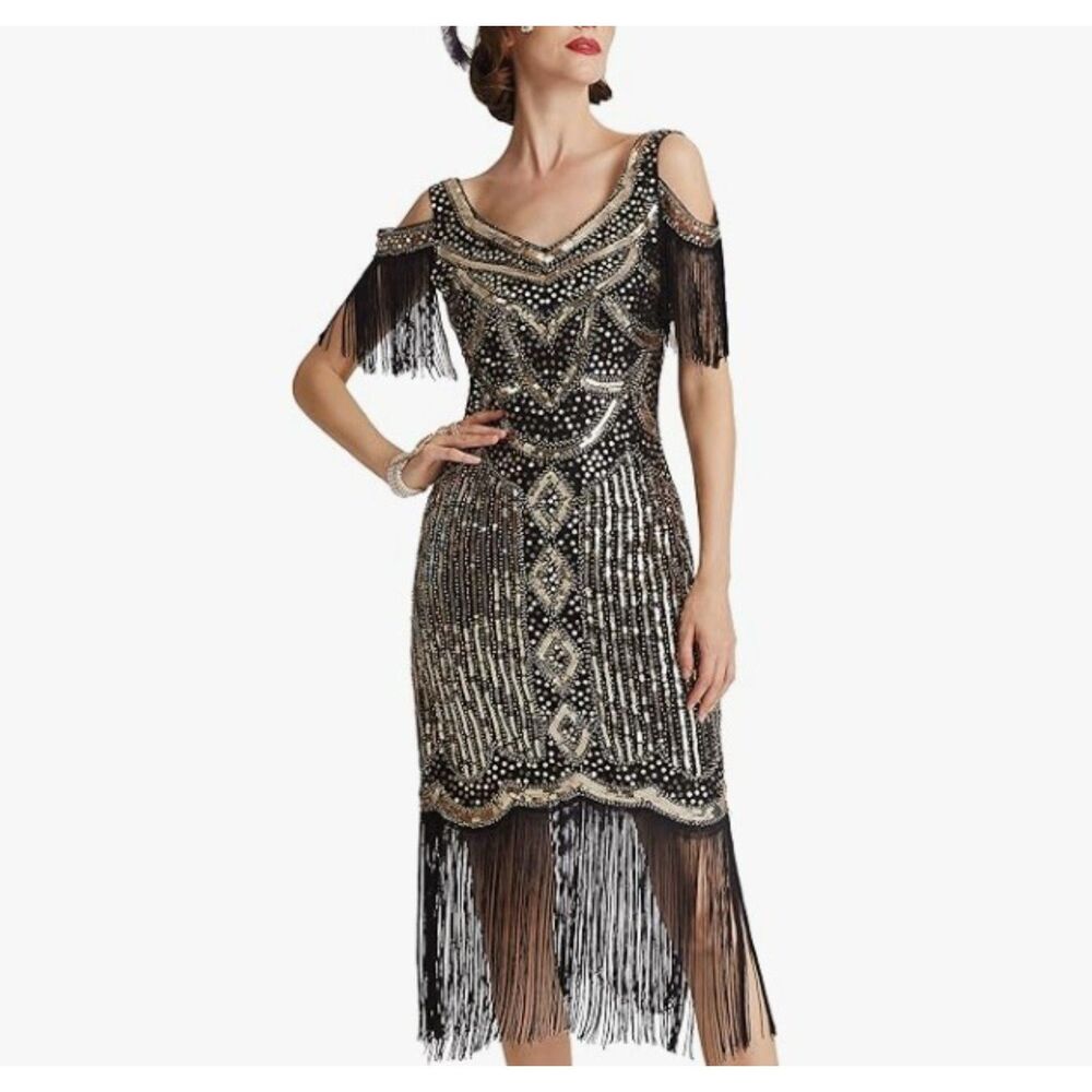 NEW Babeyond Black Gold Sequin Fringe Flapper Dress Great Gatsby NWT Small